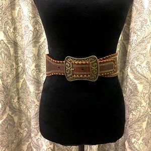 90s VNTG GENUINE LEATHER BROWN BELT WITH B…